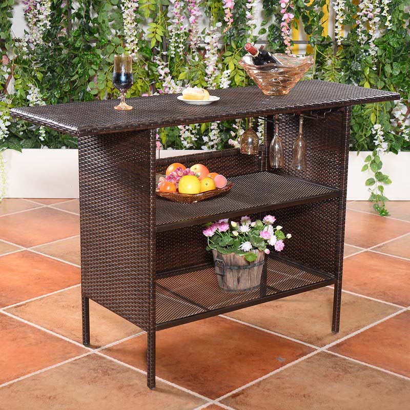 Rattan Wicker Outdoor Patio Bar Counter Table with 2-Row Goblet Holders & 2 Storage Shelves