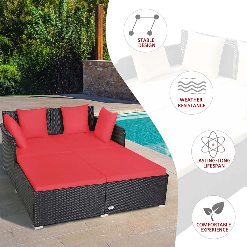 Rattan Wicker Outdoor Daybed Patio Furniture Cushioned Sofa Set with Thick Pillows