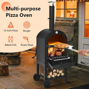 2 Layer Steel Outdoor Pizza Oven Wood Fire Pizza Grill Maker with Wheels, Pizza Stone & Peel, Waterproof Cover