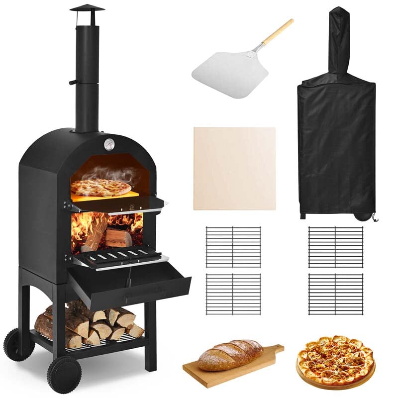 2 Layer Steel Outdoor Pizza Oven Wood Fire Pizza Grill Maker with Wheels, Pizza Stone & Peel, Waterproof Cover