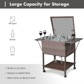 108 QT Rattan Rolling Beverage Wine Cooler Cart Outdoor Patio Side Table Bar Cart with Cooler & Lower Shelf