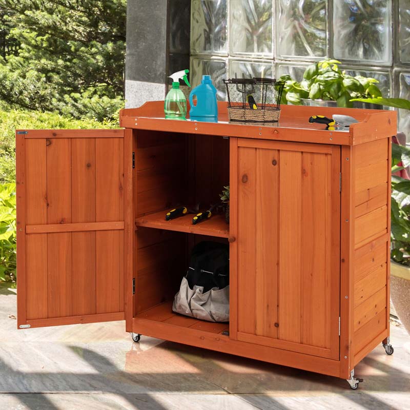 2-Door Garden Potting Bench Table, Wooden Outdoor Storage Cabinet with Removable Shelf & 4 Universal Wheels