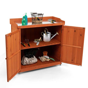 2-Door Garden Potting Bench Table, Wooden Outdoor Storage Cabinet with Removable Shelf & 4 Universal Wheels