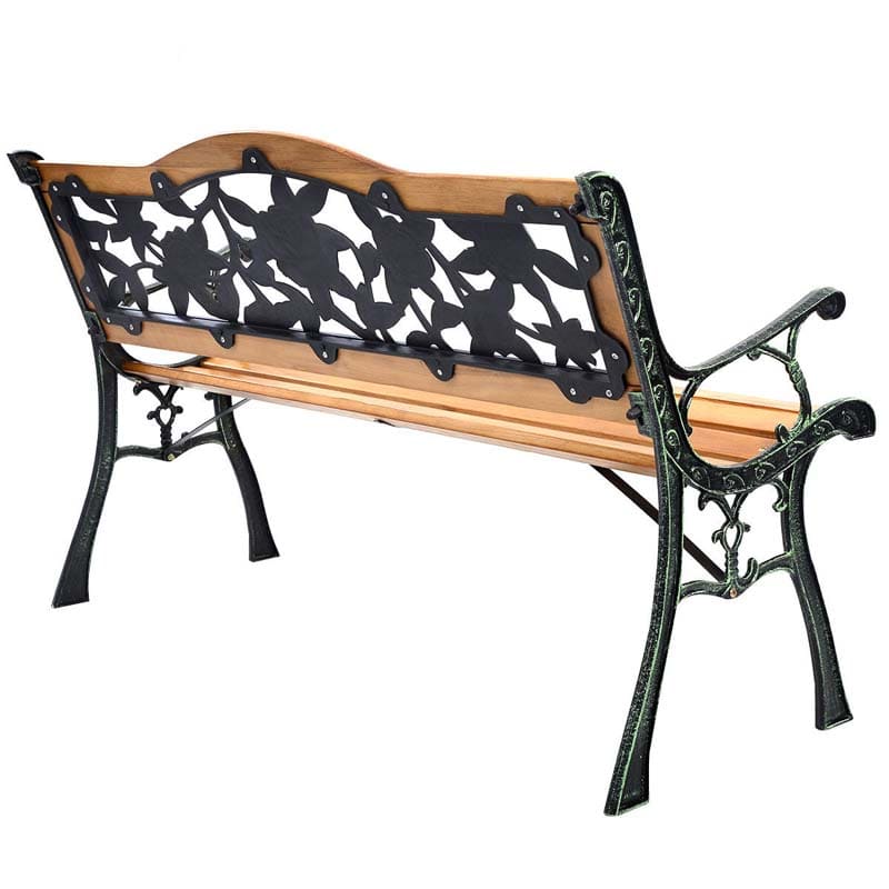 50" Garden Park Bench Cast Iron & Hardwood Weatherproof Outdoor Bench Patio Porch Loveseat Chair