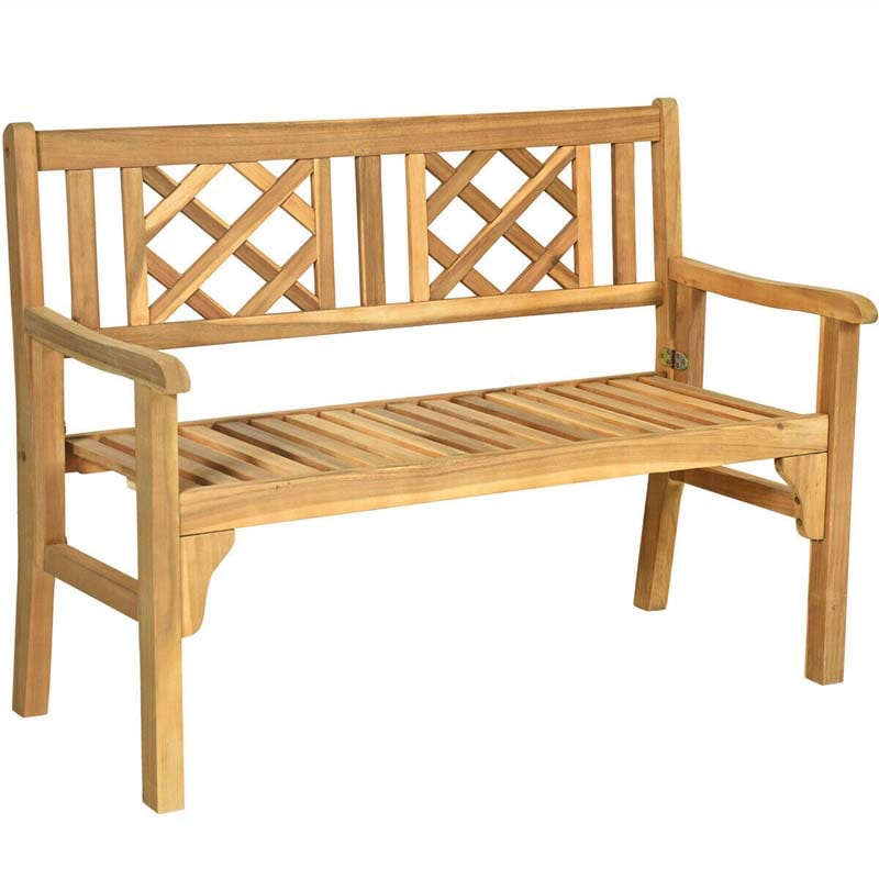 2-Person Foldable Wooden Bench Outdoor Patio Garden Park Bench Loveseat Chair with Curved Backrest & Armrest