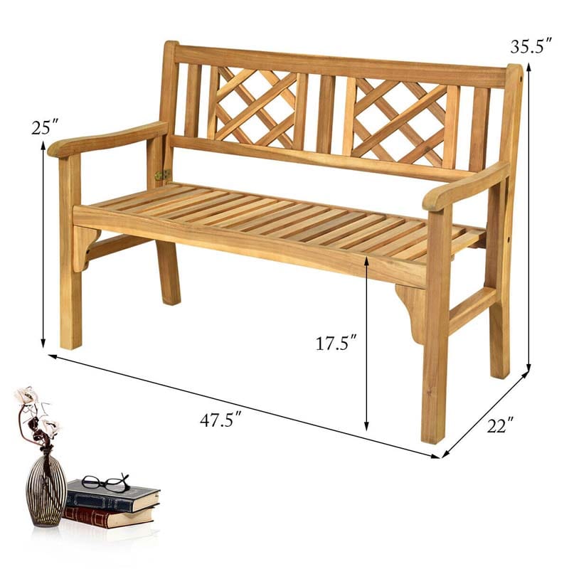 2-Person Foldable Wooden Bench Outdoor Patio Garden Park Bench Loveseat Chair with Curved Backrest & Armrest