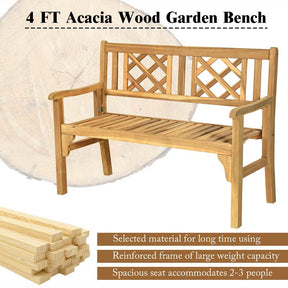 2-Person Foldable Wooden Bench Outdoor Patio Garden Park Bench Loveseat Chair with Curved Backrest & Armrest