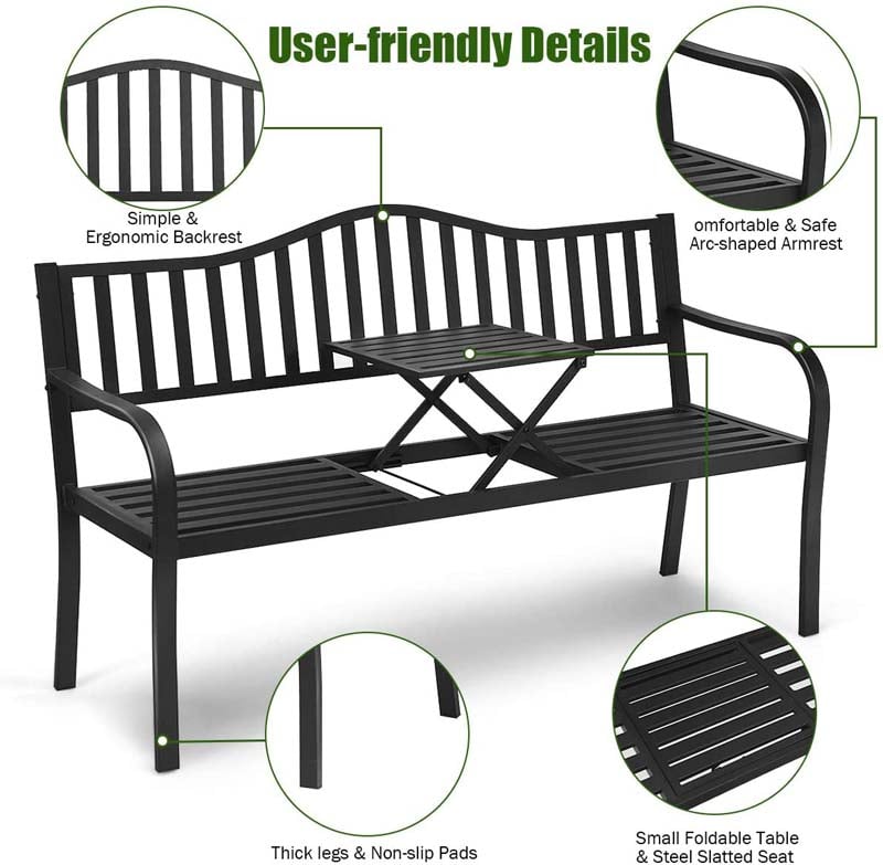 59.5" Large Outdoor Patio Metal Bench Seat with Pullout Middle Table, Weather Resistance Park Bench for Garden Porch