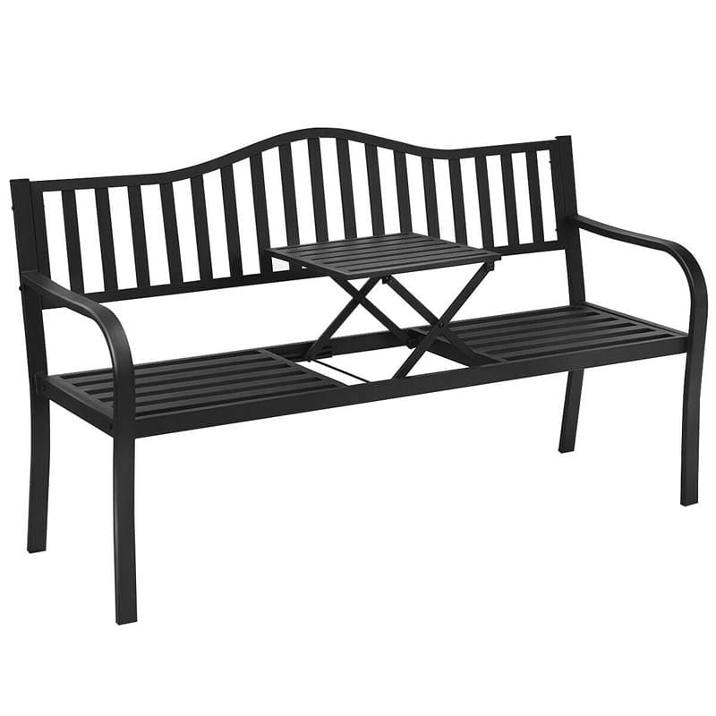 59.5" Large Outdoor Patio Metal Bench Seat with Pullout Middle Table, Weather Resistance Park Bench for Garden Porch