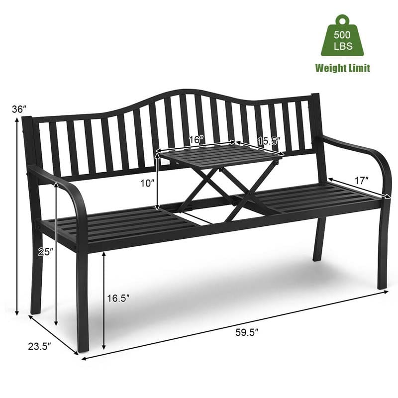 59.5" Large Outdoor Patio Metal Bench Seat with Pullout Middle Table, Weather Resistance Park Bench for Garden Porch