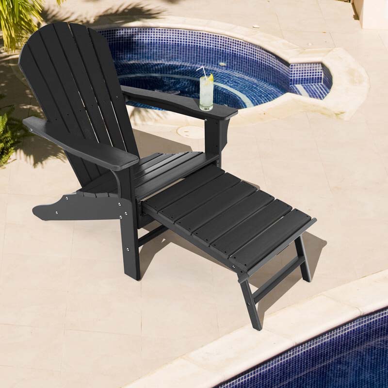 HDPE Adirondack Chair with Retractable Ottoman, Outdoor Chaise Lounge Chair for Lawn Pool Deck