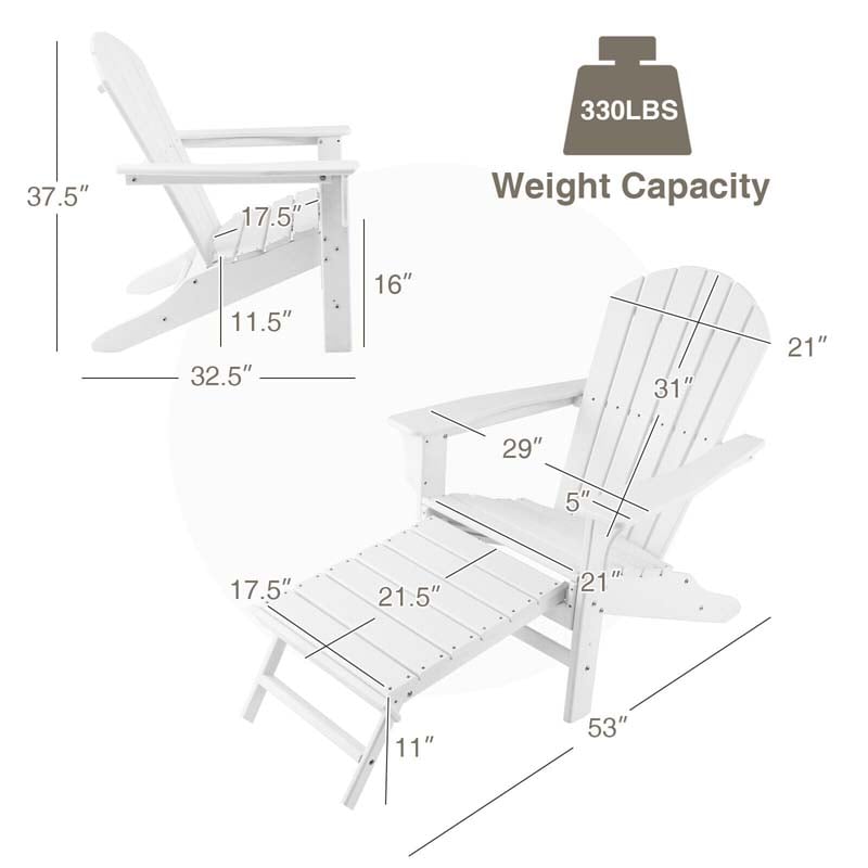 HDPE Adirondack Chair with Retractable Ottoman, Outdoor Chaise Lounge Chair for Lawn Pool Deck