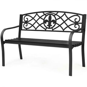 50" Weatherproof Outdoor Patio Bench with Pattern Backrest, Heavy-Duty Metal Park Bench for Garden Backyard Porch