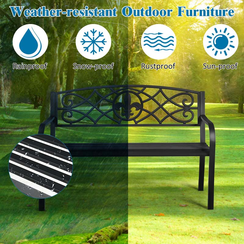 50" Weatherproof Outdoor Patio Bench with Pattern Backrest, Heavy-Duty Metal Park Bench for Garden Backyard Porch