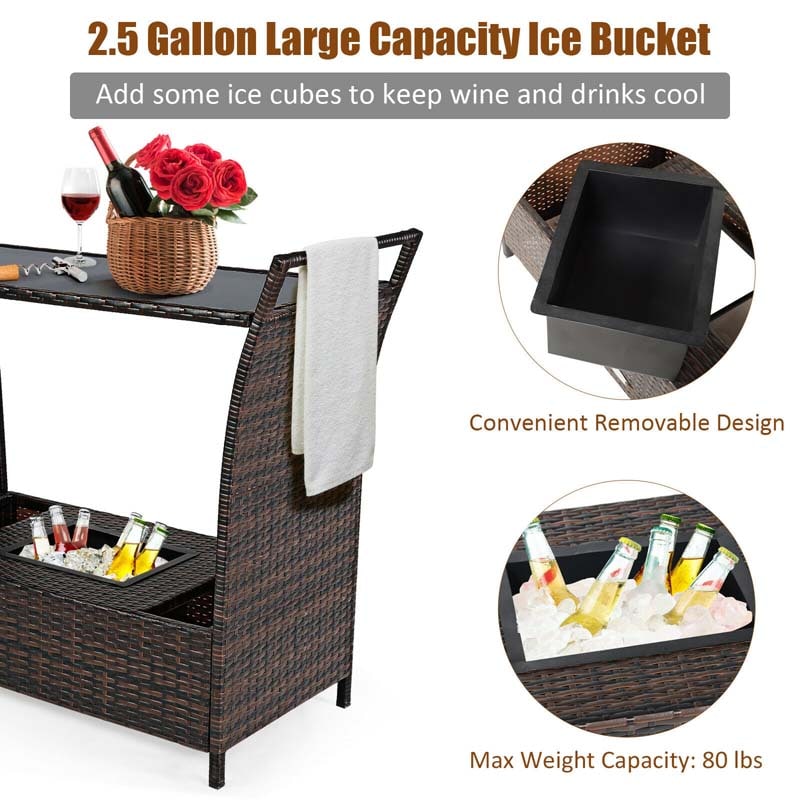 Outdoor Wicker Bar Cart Patio Wine Serving Cart Rolling Rattan Beverage Bar Counter Table with Glass Top & Ice Bucket