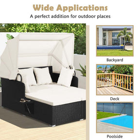 Hand-Woven Rattan Patio Daybed with Retractable Canopy & Side Tables, Outdoor Double Conversation Sunbed