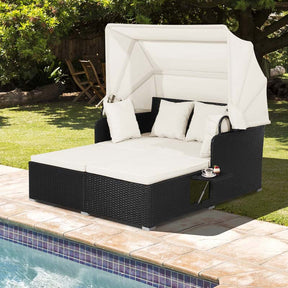 Hand-Woven Rattan Patio Daybed with Retractable Canopy & Side Tables, Outdoor Double Conversation Sunbed