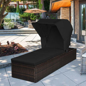 Cushioned Rattan Outdoor Chaise Lounge Chair Sun Lounger 5-Position with Folding Canopy & Flip-up Tea Table