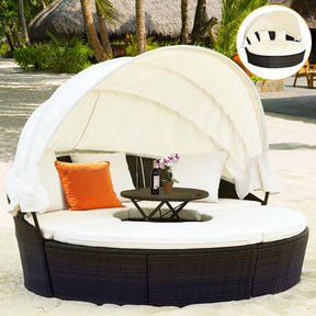 Rattan Wicker Patio Round Daybed with Retractable Canopy & Coffee Table, Outdoor Sectional Furniture Sofa Set