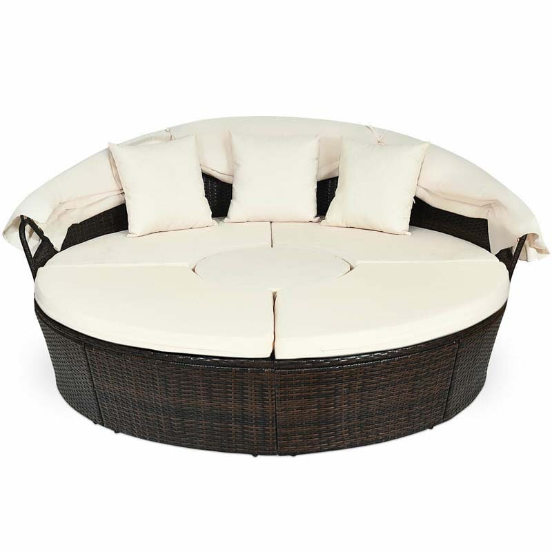 Rattan Wicker Patio Round Daybed with Retractable Canopy & Coffee Table, Outdoor Sectional Furniture Sofa Set