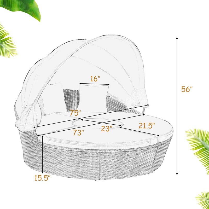 Rattan Wicker Patio Round Daybed with Retractable Canopy & Coffee Table, Outdoor Sectional Furniture Sofa Set