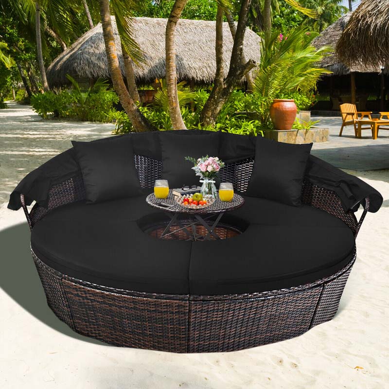 Rattan Wicker Patio Round Daybed with Retractable Canopy & Coffee Table, Outdoor Sectional Furniture Sofa Set