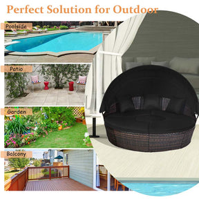 Rattan Wicker Patio Round Daybed with Retractable Canopy & Coffee Table, Outdoor Sectional Furniture Sofa Set