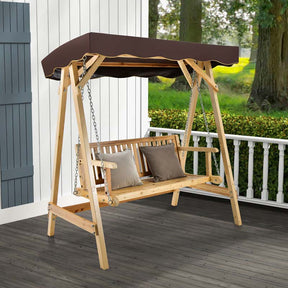 2-Person Wooden Porch Swing Bench Chair, A-Frame Outdoor Patio Swing with Adjustable Canopy