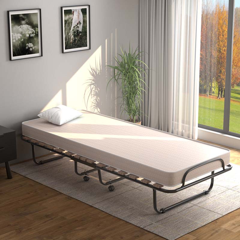 75" x 32" Rollaway Bed with Mattress, Portable Guest Bed Folding Sleeper Bed Cot