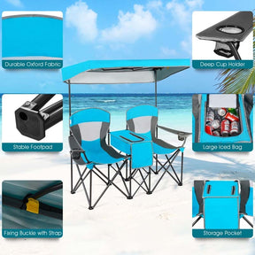 Canada Only - Double Sunshade Folding Camping Canopy Chairs with Cup Holder