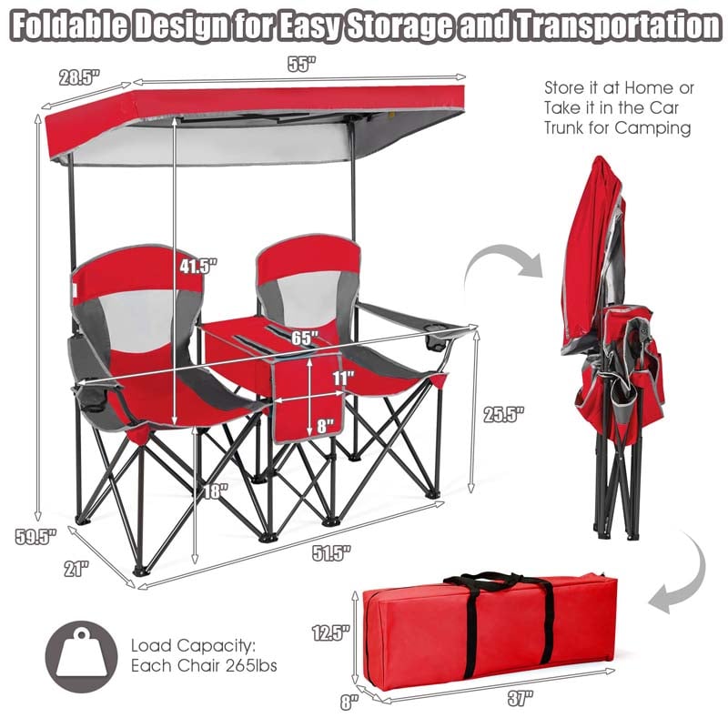 Double Sunshade Camping Canopy Chair with Mini Table, Cup Holder, Portable Folding Beach Chair with Canopy