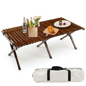 Folding Camping Table Portable Picnic Table with Carry Bag, Roll-up Bamboo Tabletop for BBQ Party Hiking