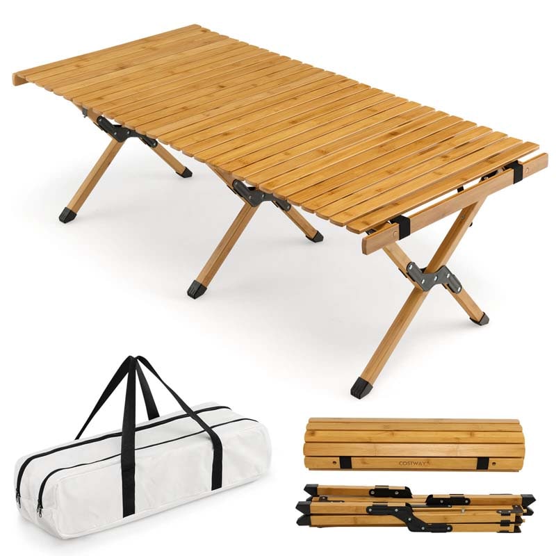 Folding Camping Table Portable Picnic Table with Carry Bag, Roll-up Bamboo Tabletop for BBQ Party Hiking