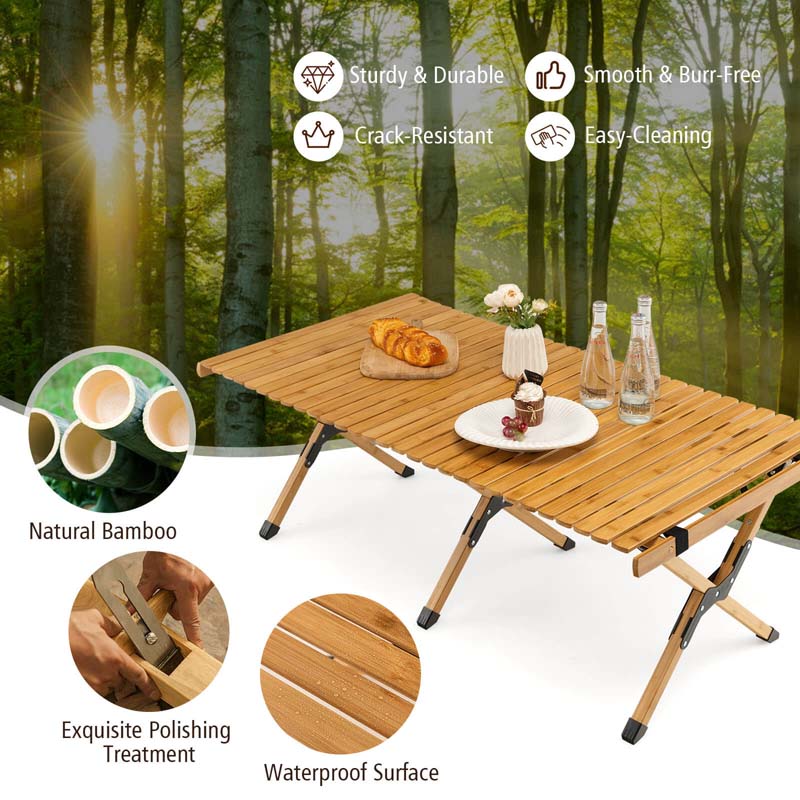 Folding Camping Table Portable Picnic Table with Carry Bag, Roll-up Bamboo Tabletop for BBQ Party Hiking