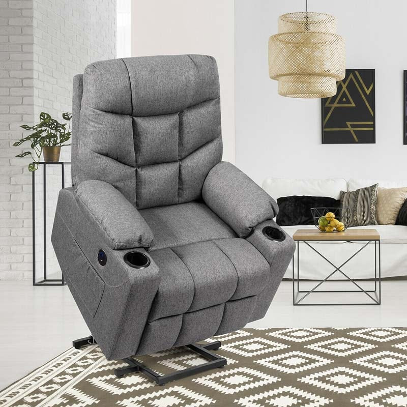 Heated Power Lift Recliner Fabric Massage Reclining Sofa, Elderly Lift Chair with 8 Point Massage, 2 Side Pockets Cup Holders, USB Port
