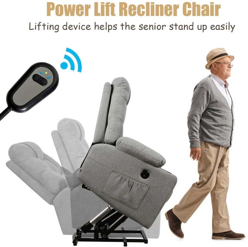 Heated Power Lift Recliner Fabric Massage Reclining Sofa, Elderly Lift Chair with 8 Point Massage, 2 Side Pockets Cup Holders, USB Port