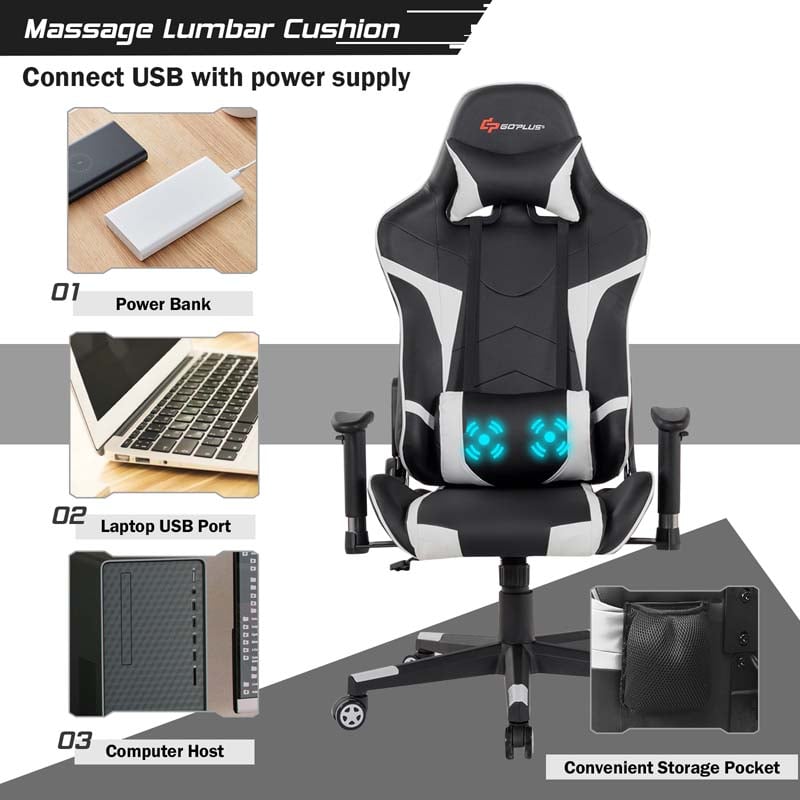 Ergonomic Swivel Massage Gaming Chair Recliner, E-Sport Gamer Racing Chair, Computer Office Chair with Headrest & Lumbar Support