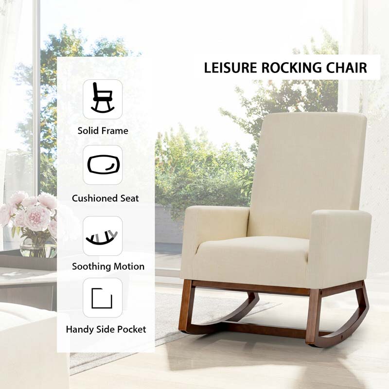 High Back Rocking Chair Upholstered Living Room Chair Nursery Accent Armchair with Wood Base & Side Pocket