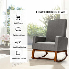 High Back Rocking Chair Upholstered Living Room Chair Nursery Accent Armchair with Wood Base & Side Pocket
