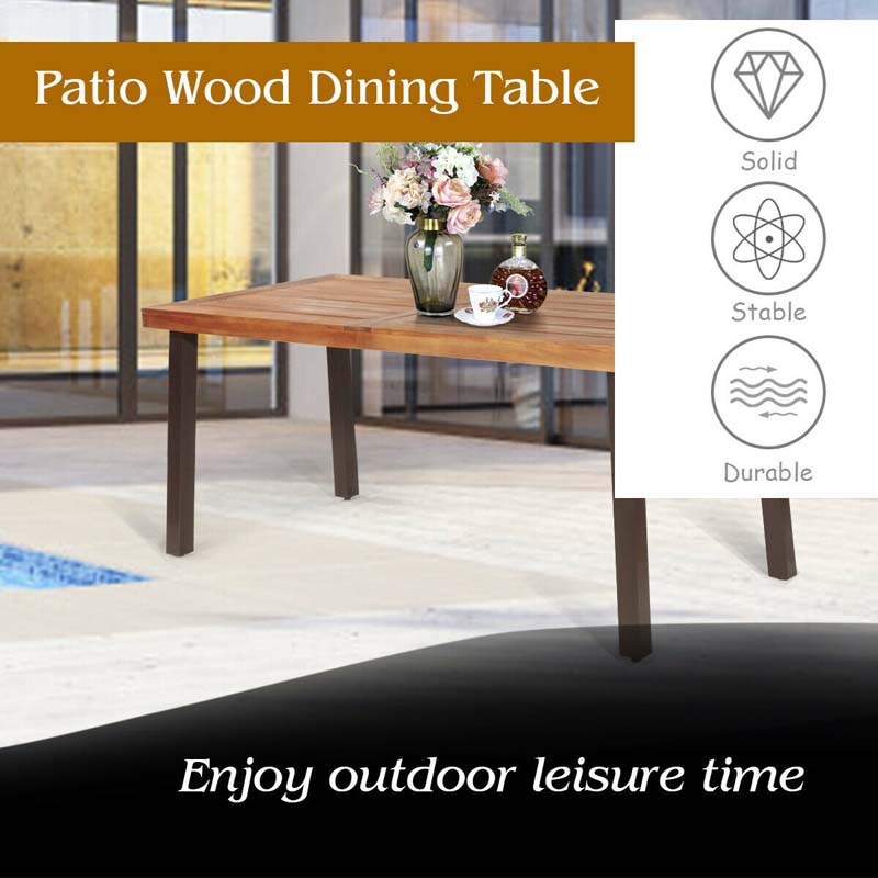 Rustic Brown Acacia Wood Patio Dining Table with Umbrella Hole, Rectangular Outdoor Picnic Table with Metal Legs