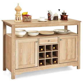 Wood Buffet Server Sideboard Console Table Utensils Organizer with 9 Wine Grids, 1 Drawer & 2 Cabinets