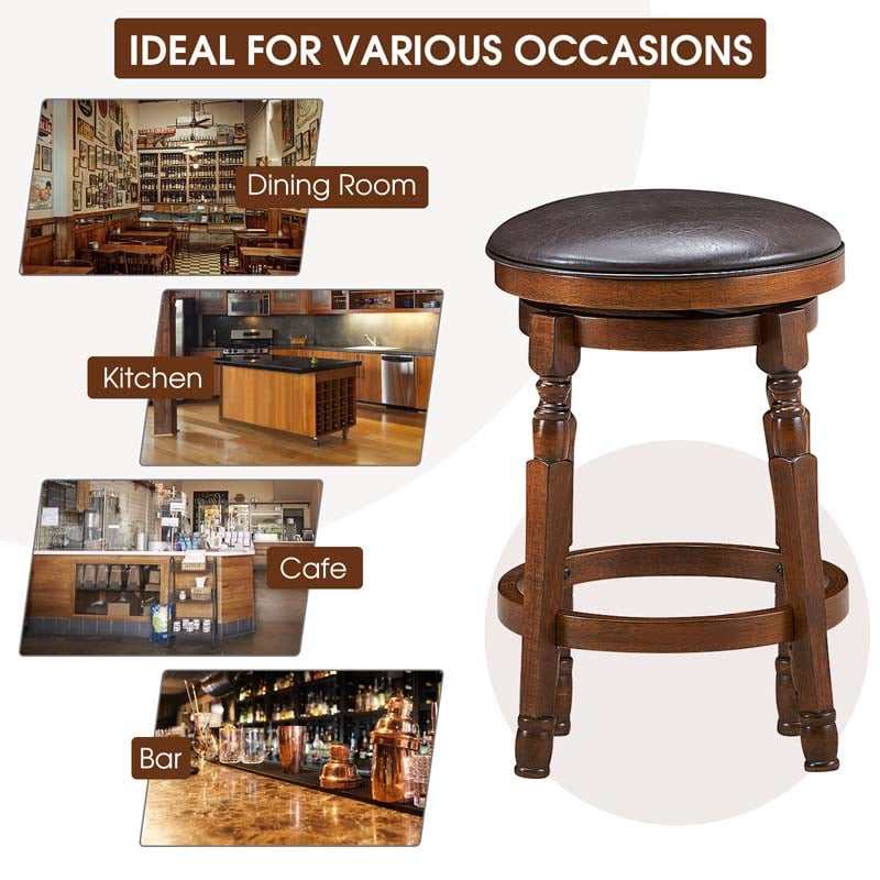 2-Pack 24" Backless Swivel Bar Stools, Solid Wood Leather Counter Height Dining Chairs for Kitchen Pub Cafe