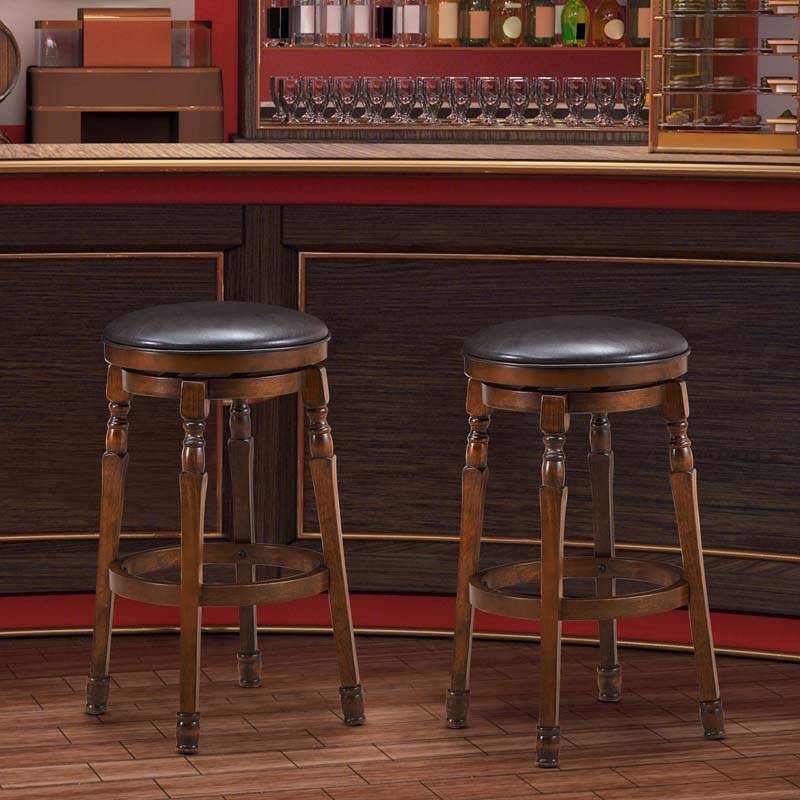 2-Pack 29" Backless Swivel Bar Stools, Solid Wood Leather Counter Height Dining Chairs for Kitchen Pub Cafe