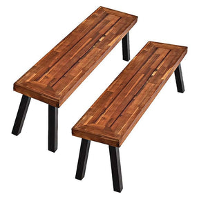 2 Pcs Rustic Acacia Wood Benches with Metal Legs, Indoor & Outdoor Dining Bench Patio Picnic Bench