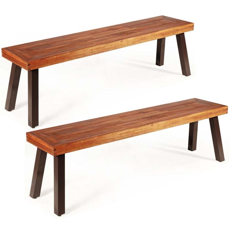 2 Pcs Rustic Acacia Wood Benches with Metal Legs, Indoor & Outdoor Dining Bench Patio Picnic Bench