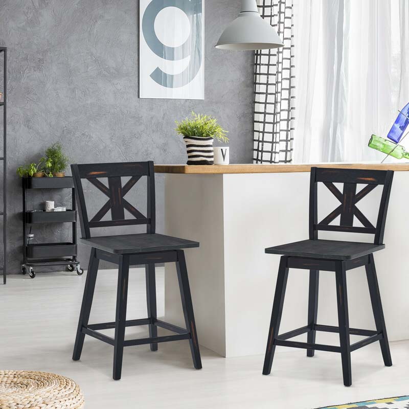 2-Pack Vintage 360° Swivel Bar Stools, Rubber Wood Counter Height Chairs with Non-Slip Foot Pads