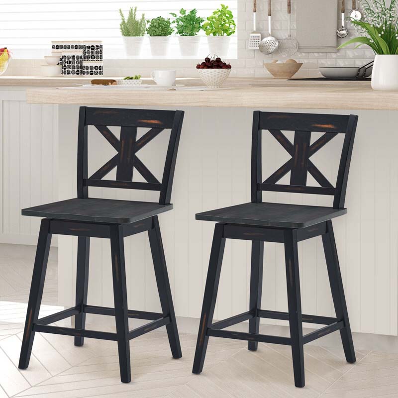 2-Pack Vintage 360° Swivel Bar Stools, Rubber Wood Counter Height Chairs with Non-Slip Foot Pads