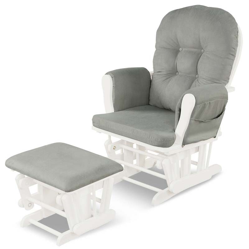 Glider Rocking Chair & Ottoman Set Solid Wood Baby Rocker Nursery Chair With Padded Cushions & Pockets