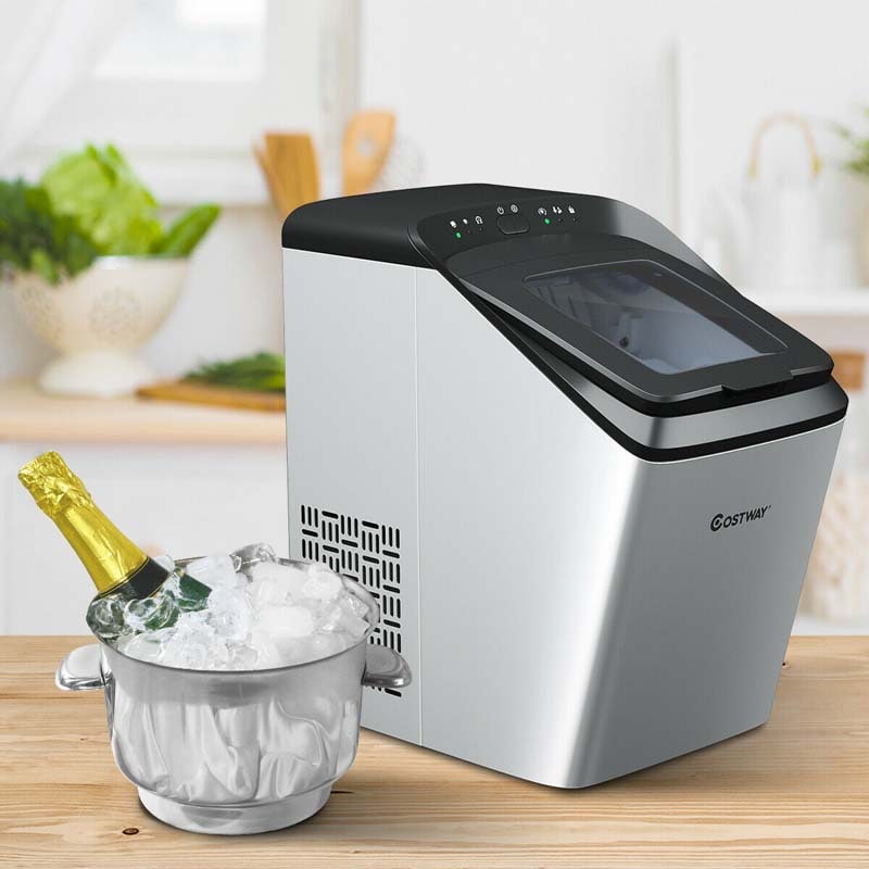 33LBS/24H Portable Ice Maker Countertop Stainless Steel Ice Machine Self-Clean Function with Scoop