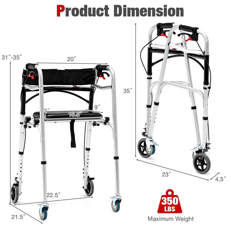 4-in-1 Rolling Walker for Seniors, Folding Stand Up Walker with 5" Wheels, Height Adjustable Medical Walking Mobility Aid